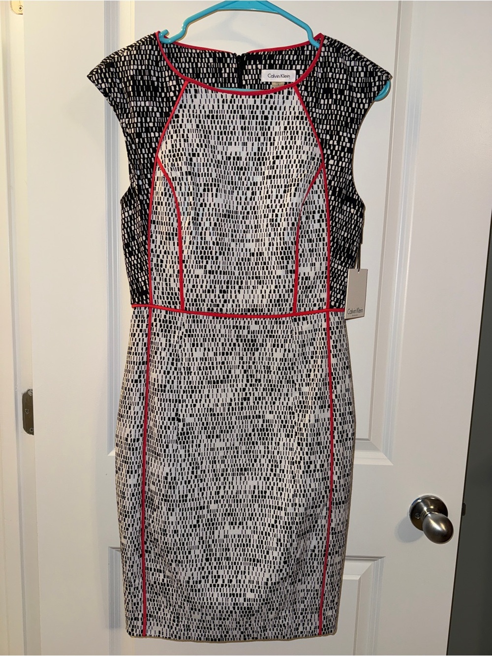 Calvin Klein Black & White Patterned Midi Dress with Red Piping